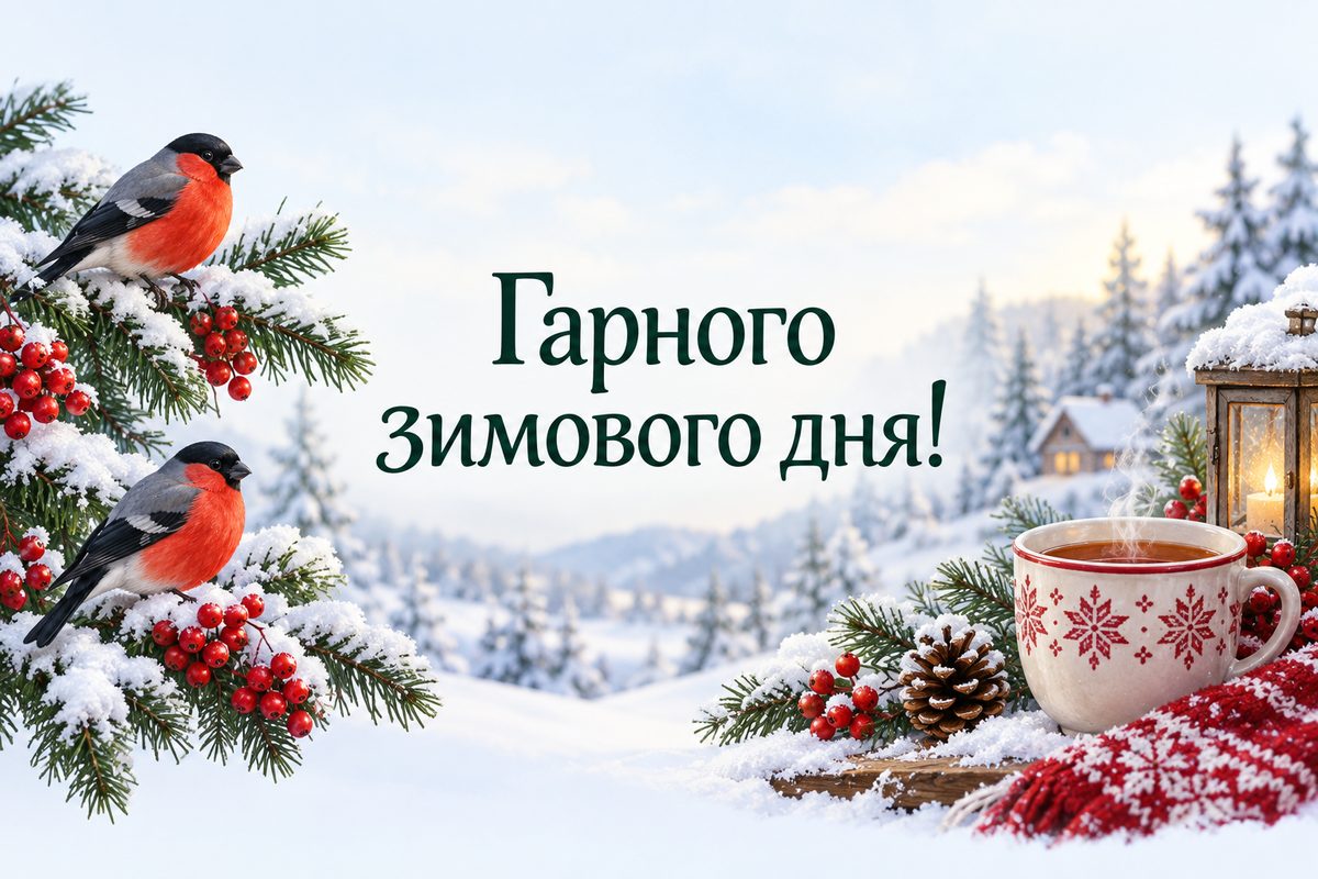 Листівка гарного дня: снігурі на засніжених гілках і чай, напис «Гарного зимового дня!»
