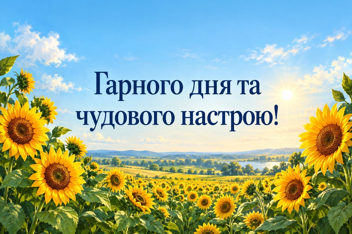 Листівка гарного дня: соняшникове поле під ранковим небом, напис «Гарного дня та чудового настрою!»