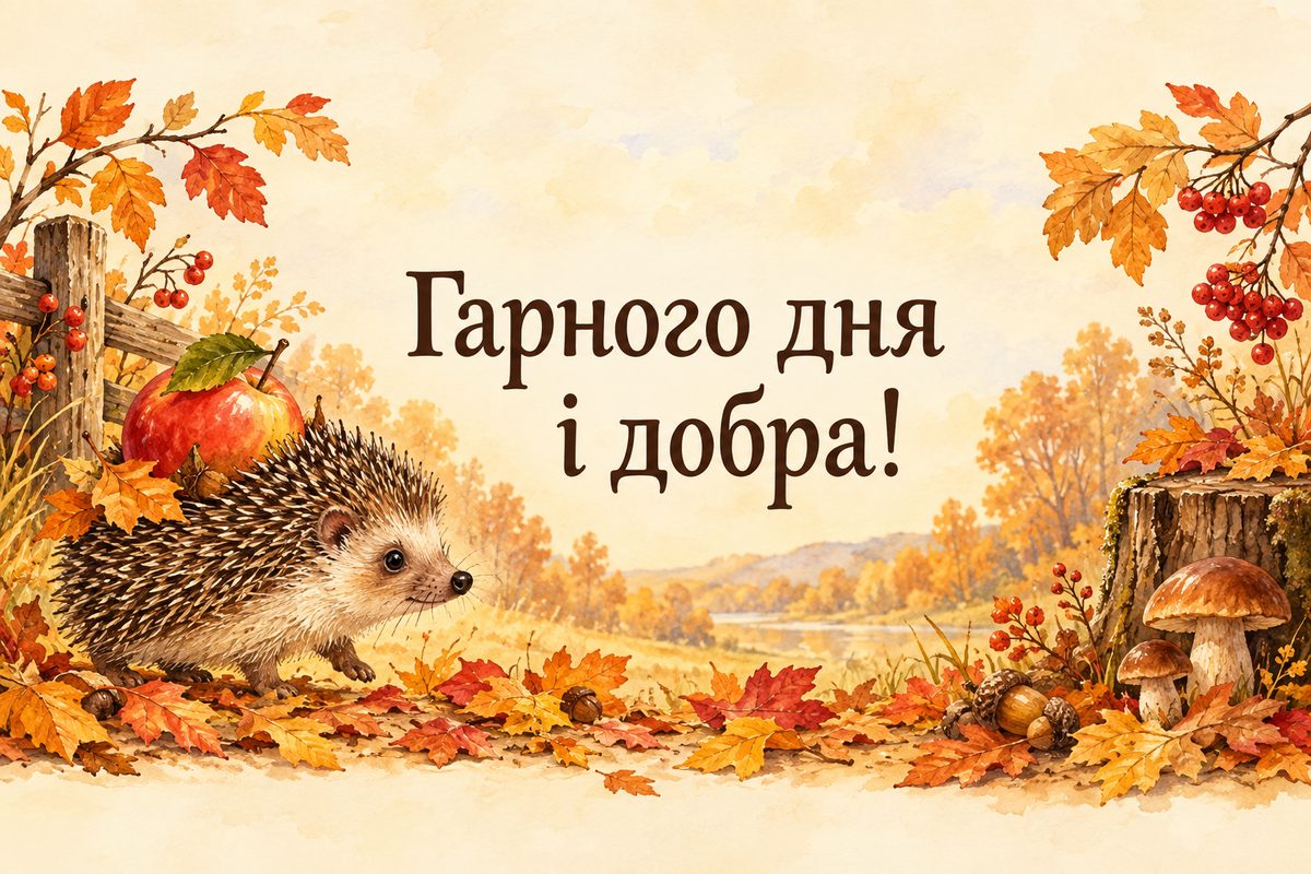 Листівка гарного дня: їжачок з яблуком в осінньому листі, напис «Гарного дня і добра!»