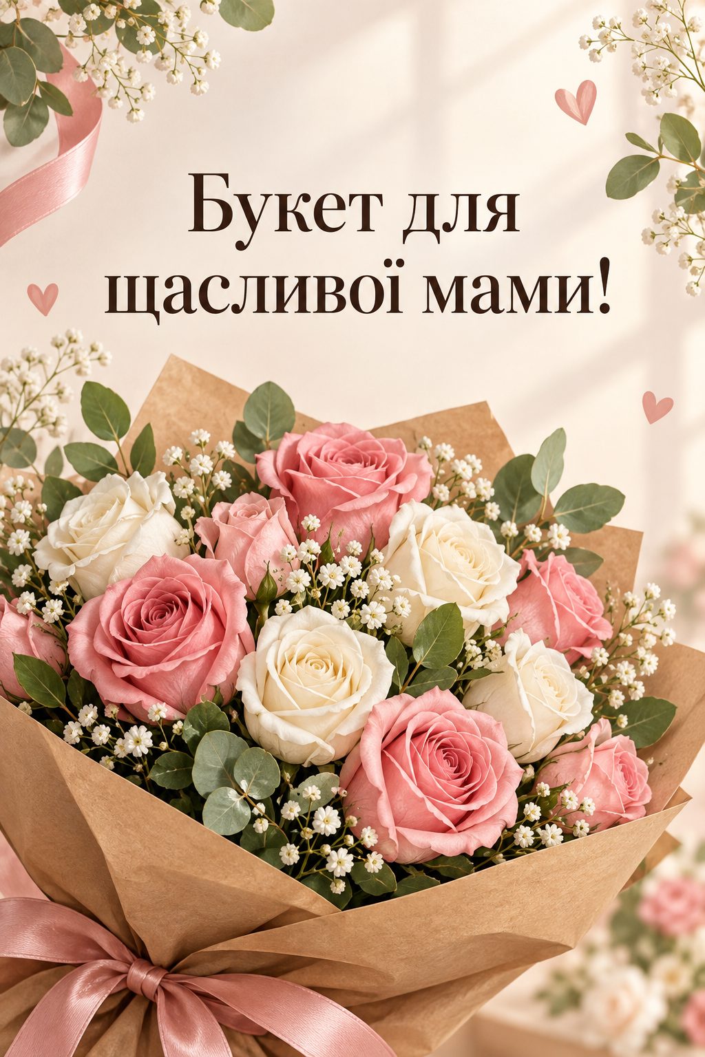 Листівка мамі з днем народження донечки: пишний букет рожевих і білих троянд у крафтовому папері, напис «Букет для щасливої мами!»