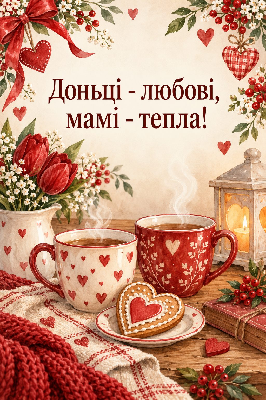 Листівка мамі з днем народження донечки: дві чашки й печиво-серце на кухонному столі, напис «Доньці - любові, мамі - тепла!»