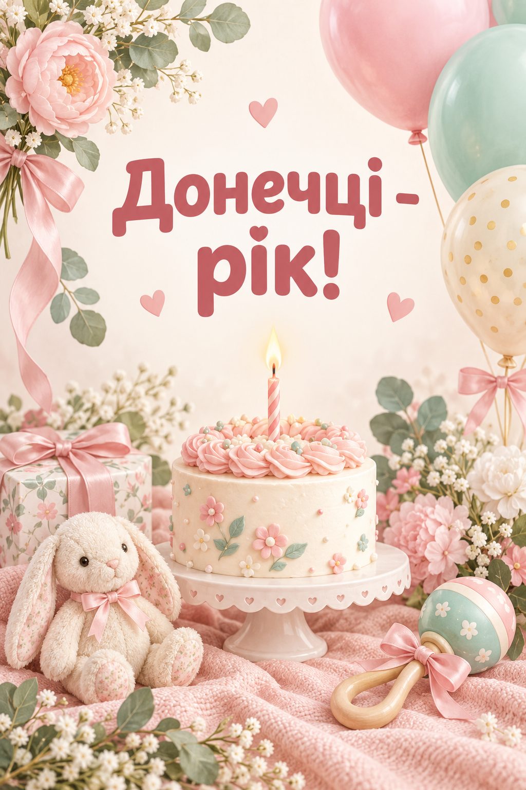 Листівка мамі з днем народження донечки: маленький торт з однією свічкою, пастельні кульки й брязкальце, напис «Донечці - рік!»