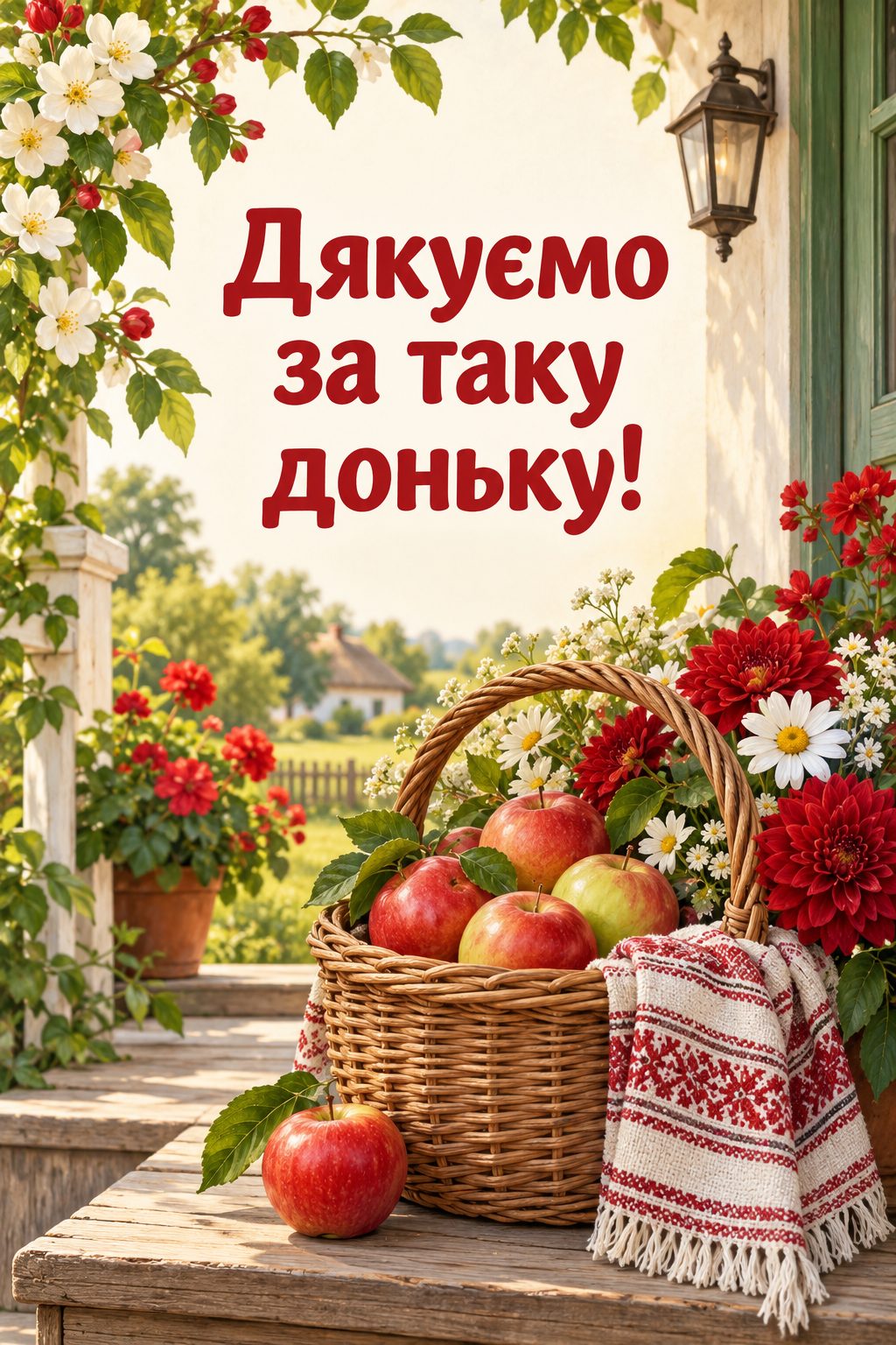 Листівка мамі з днем народження донечки: кошик яблук і квітів на ґанку сільського будинку, напис «Дякуємо за таку доньку!»