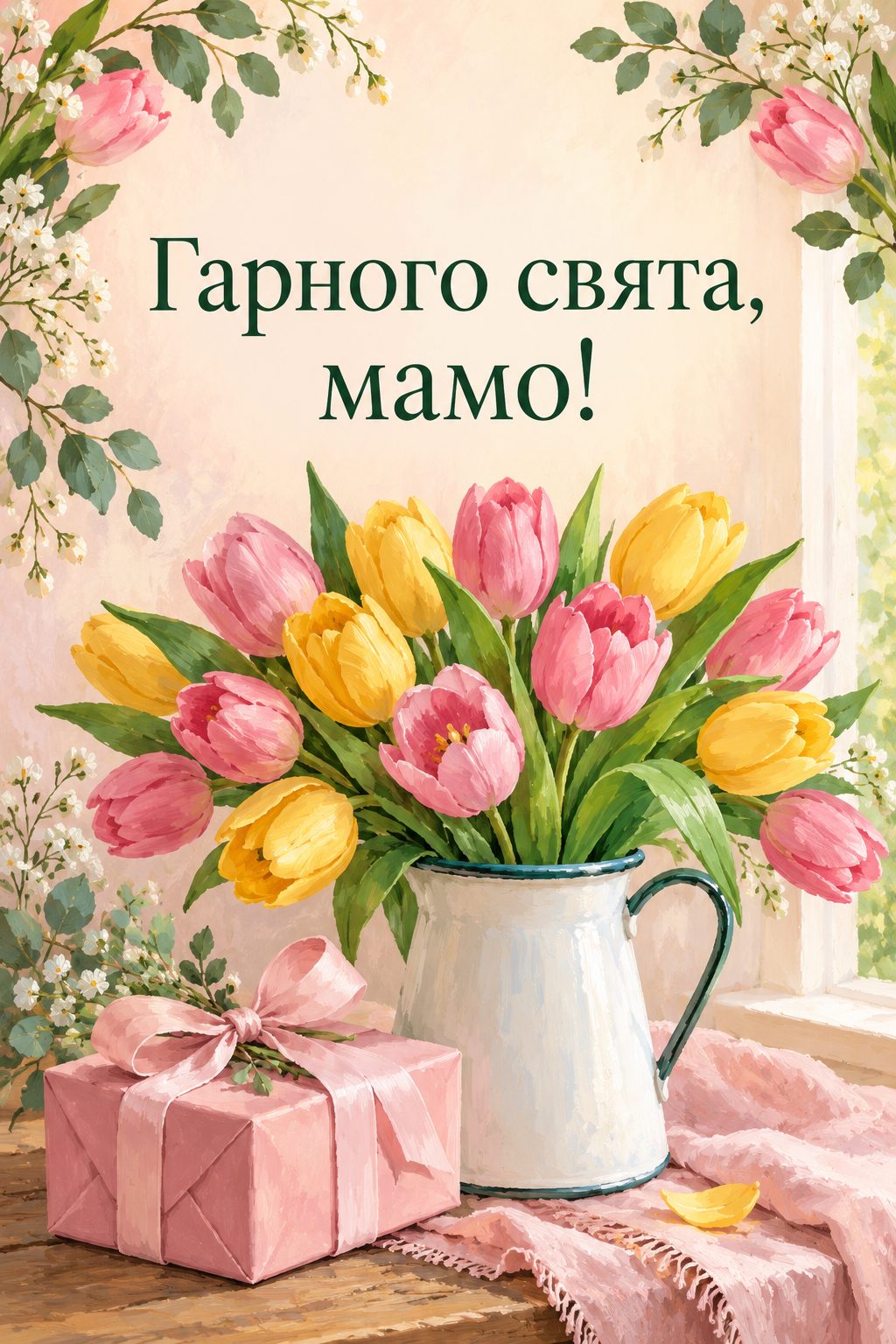 Листівка мамі з днем народження донечки: букет тюльпанів в емальованому глечику й подарунок, напис «Гарного свята, мамо!»