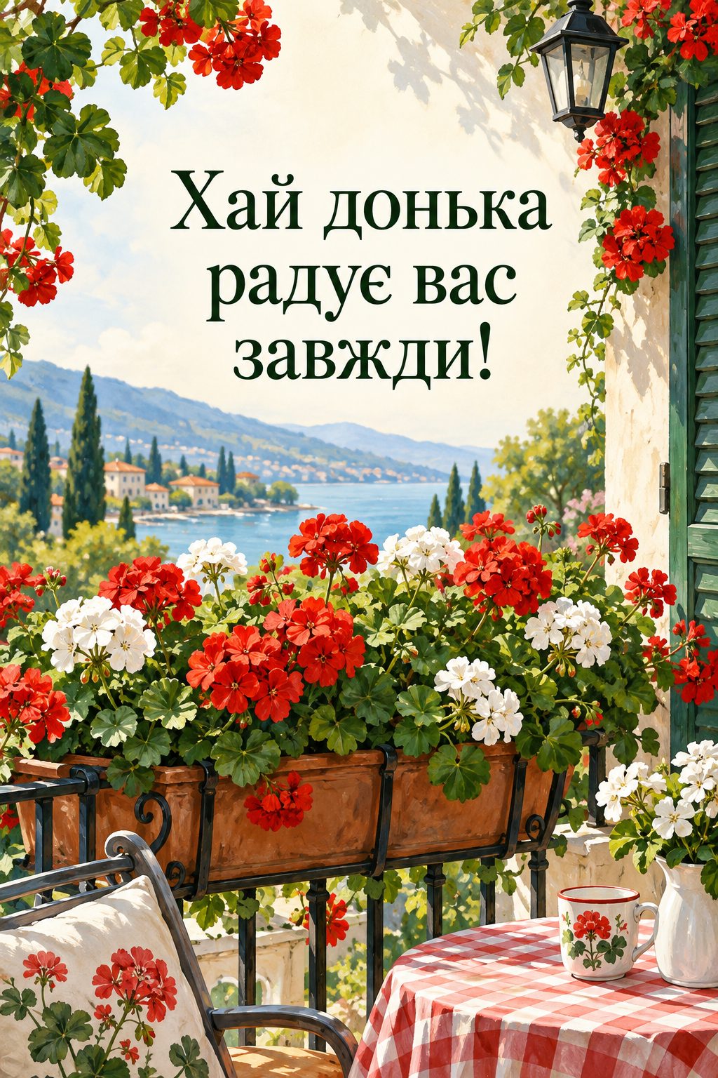 Листівка мамі з днем народження донечки: балконний ящик з квітучою геранню, напис «Хай донька радує вас завжди!»