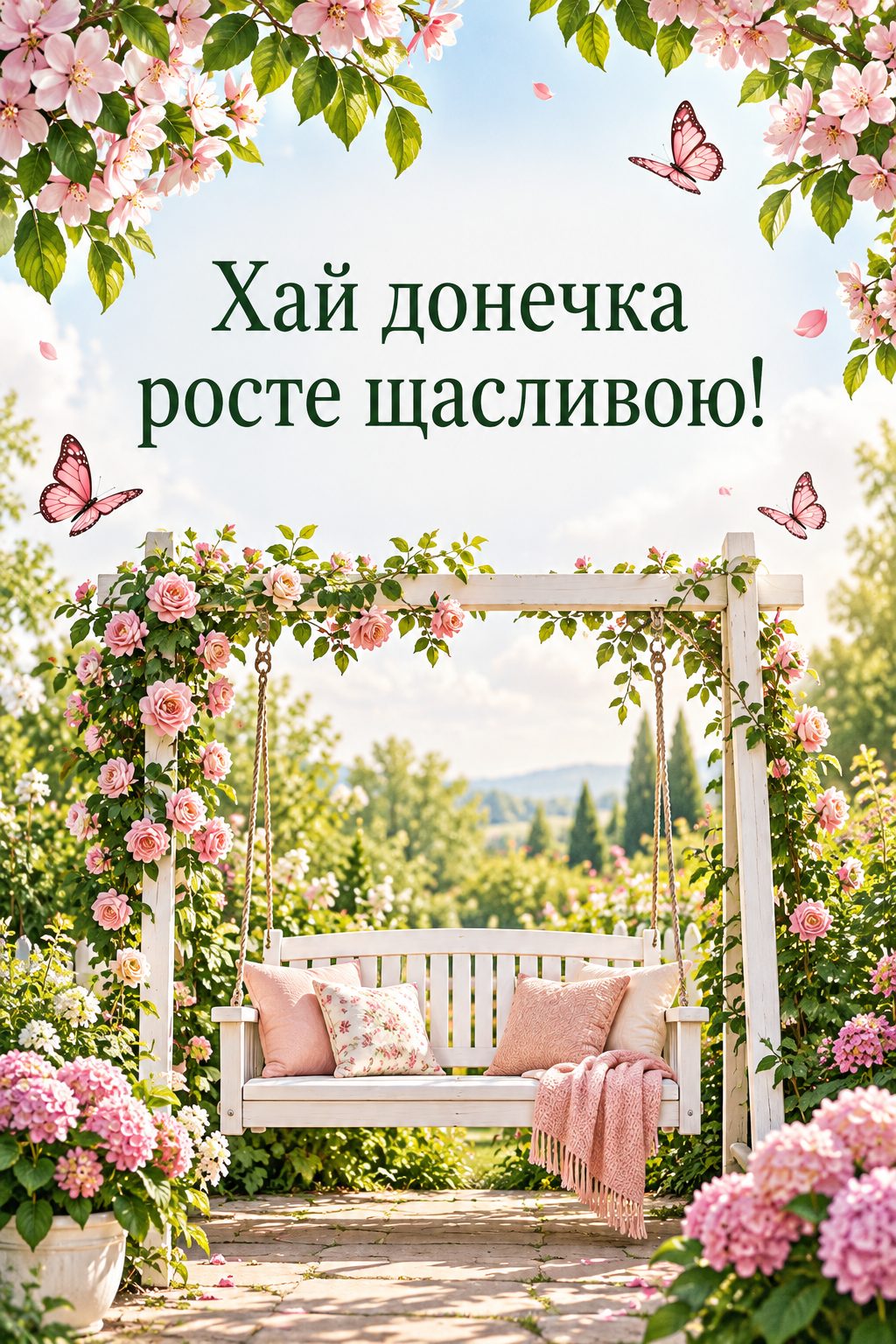 Листівка мамі з днем народження донечки: садова гойдалка серед квітів і метелики, напис «Хай донечка росте щасливою!»