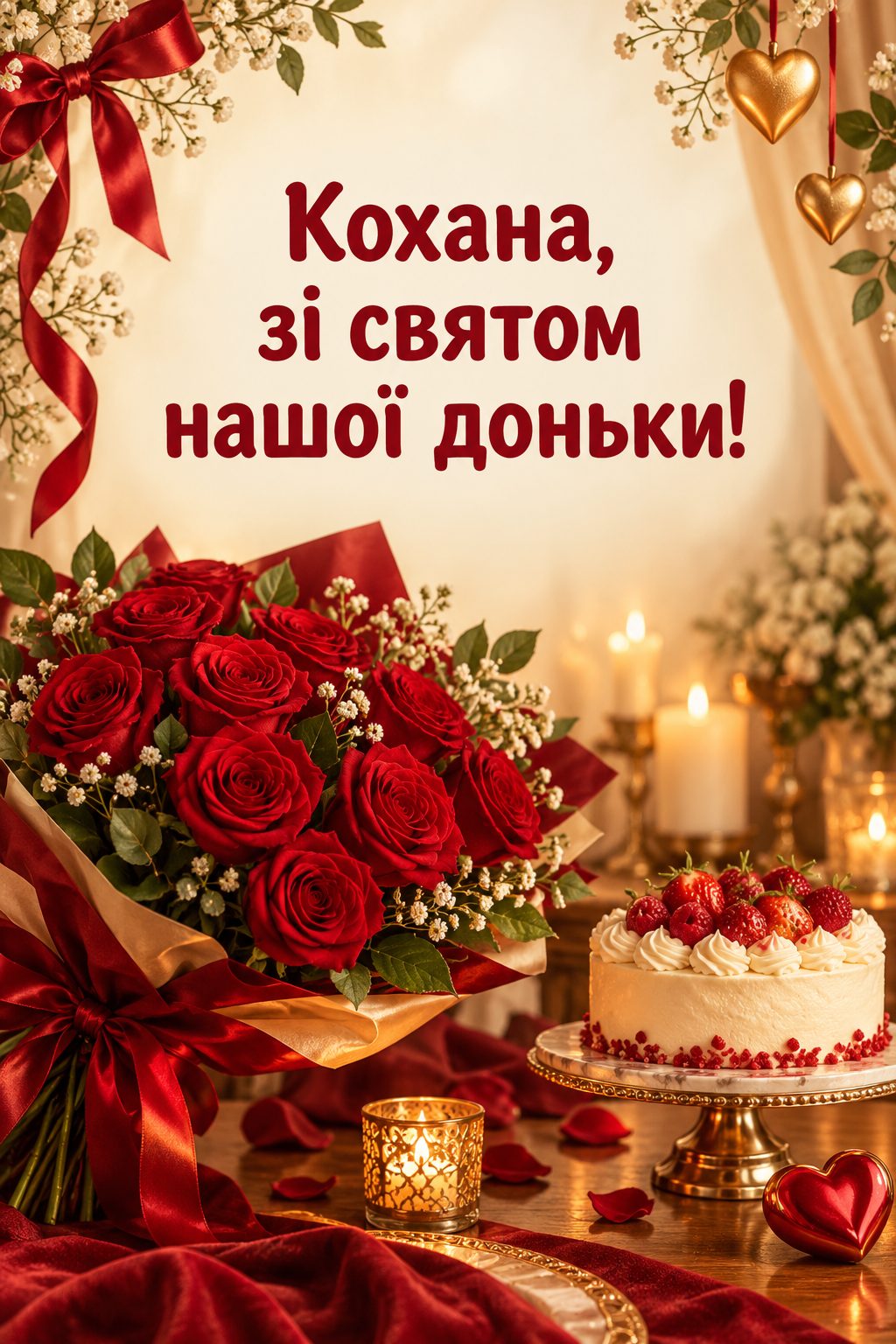 Листівка мамі з днем народження донечки: букет червоних троянд і тортик на столі зі свічками, напис «Кохана, зі святом нашої доньки!»