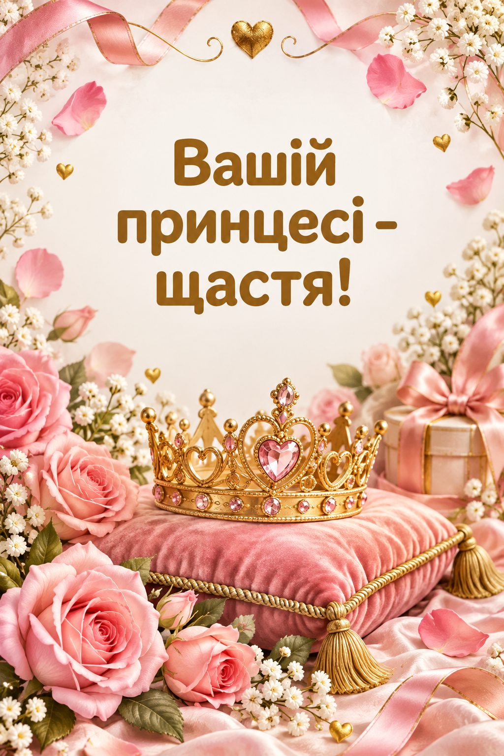 Листівка мамі з днем народження донечки: маленька золота корона на подушечці серед рожевих троянд, напис «Вашій принцесі - щастя!»