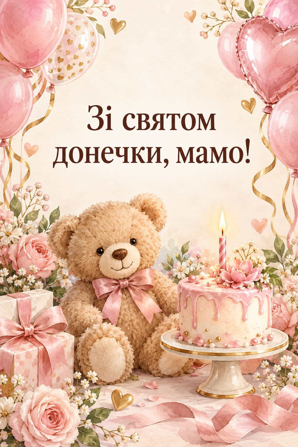 Листівка мамі з днем народження донечки: рожеві кульки, плюшевий ведмедик і тортик зі свічкою, напис «Зі святом донечки, мамо!»