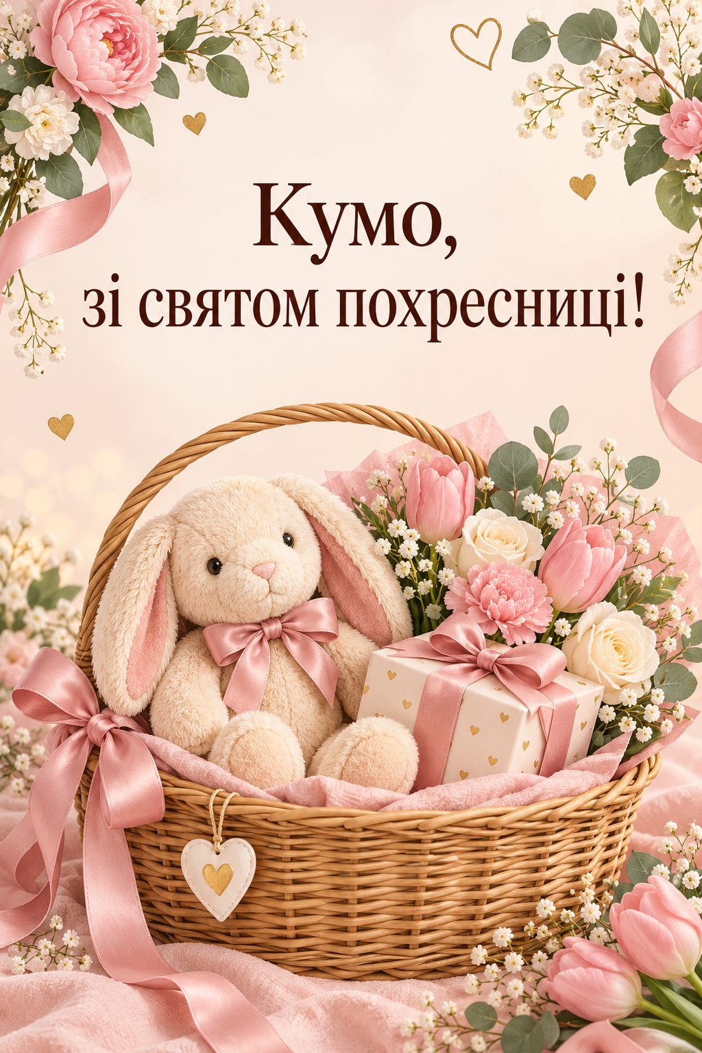 Листівка мамі з днем народження донечки: кошик із плюшевим зайчиком, квітами й подарунком, напис «Кумо, зі святом похресниці!»