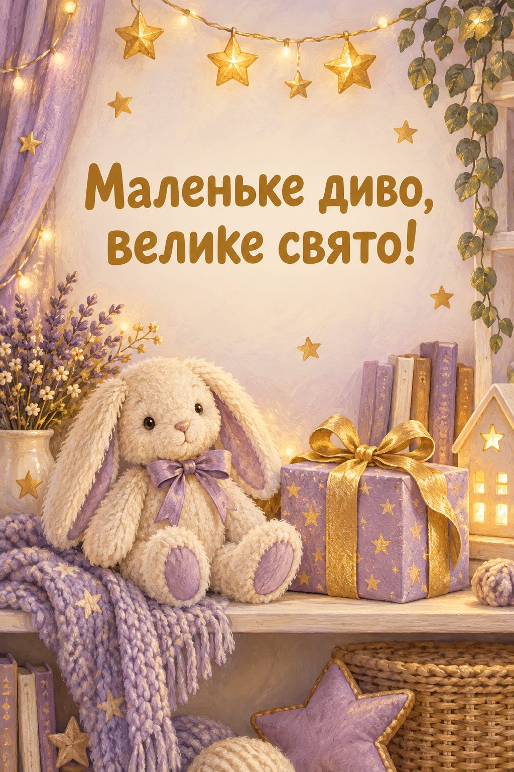 Листівка мамі з днем народження донечки: поличка з плюшевим зайчиком, подарунком і гірляндою зірок, напис «Маленьке диво, велике свято!»