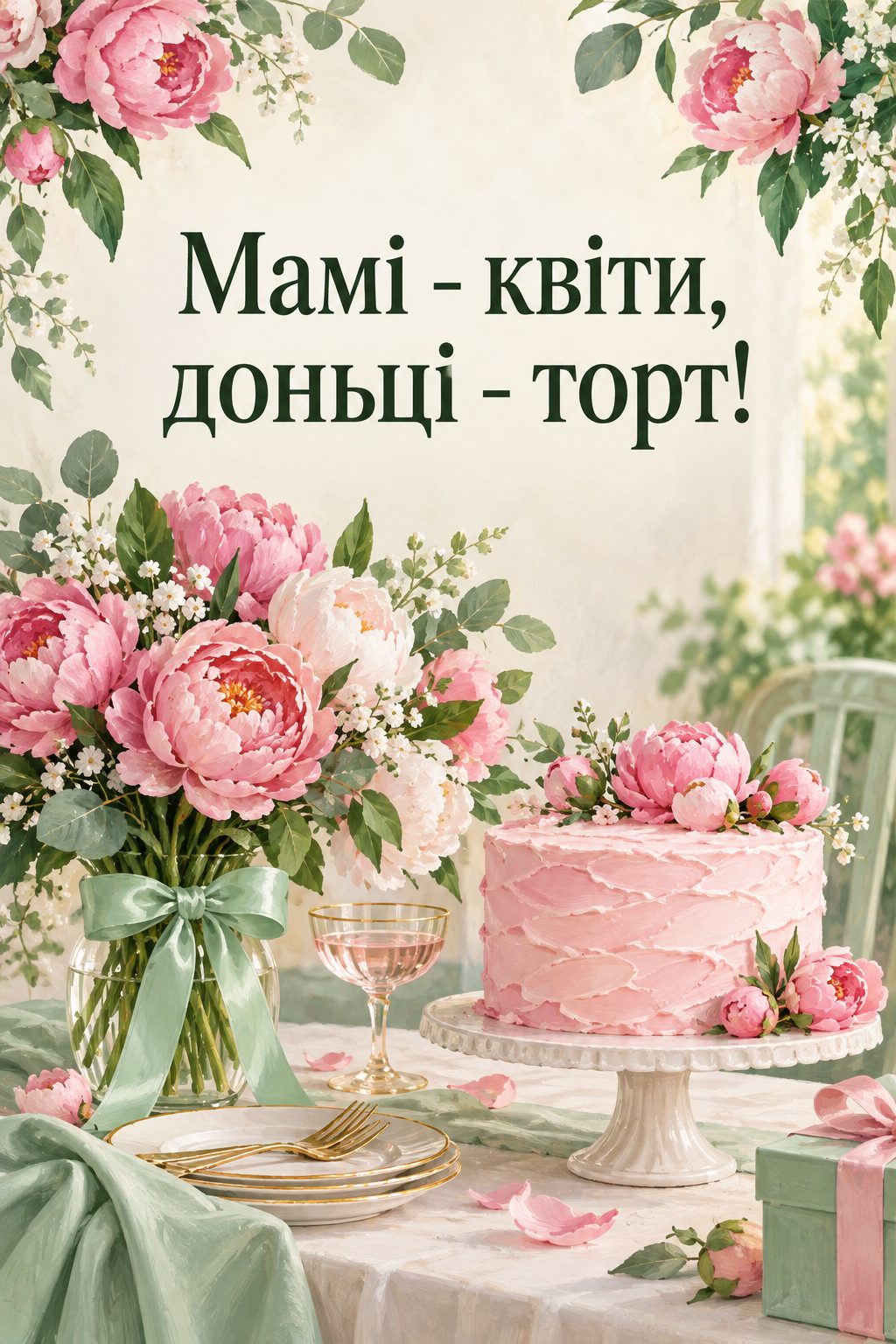 Листівка мамі з днем народження донечки: букет півоній поруч із рожевим тортом на святковому столі, напис «Мамі - квіти, доньці - торт!»