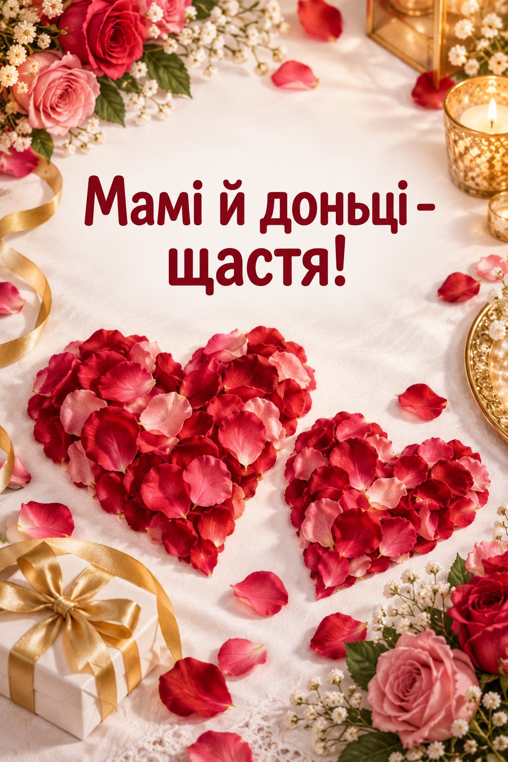 Листівка мамі з днем народження донечки: два серця з пелюсток троянд на білій скатертині, напис «Мамі й доньці - щастя!»