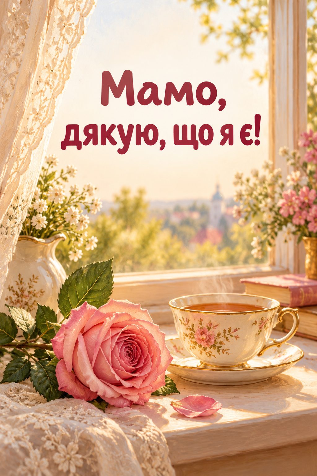Листівка мамі з днем народження донечки: одна рожева троянда й чашка чаю на сонячному підвіконні, напис «Мамо, дякую, що я є!»