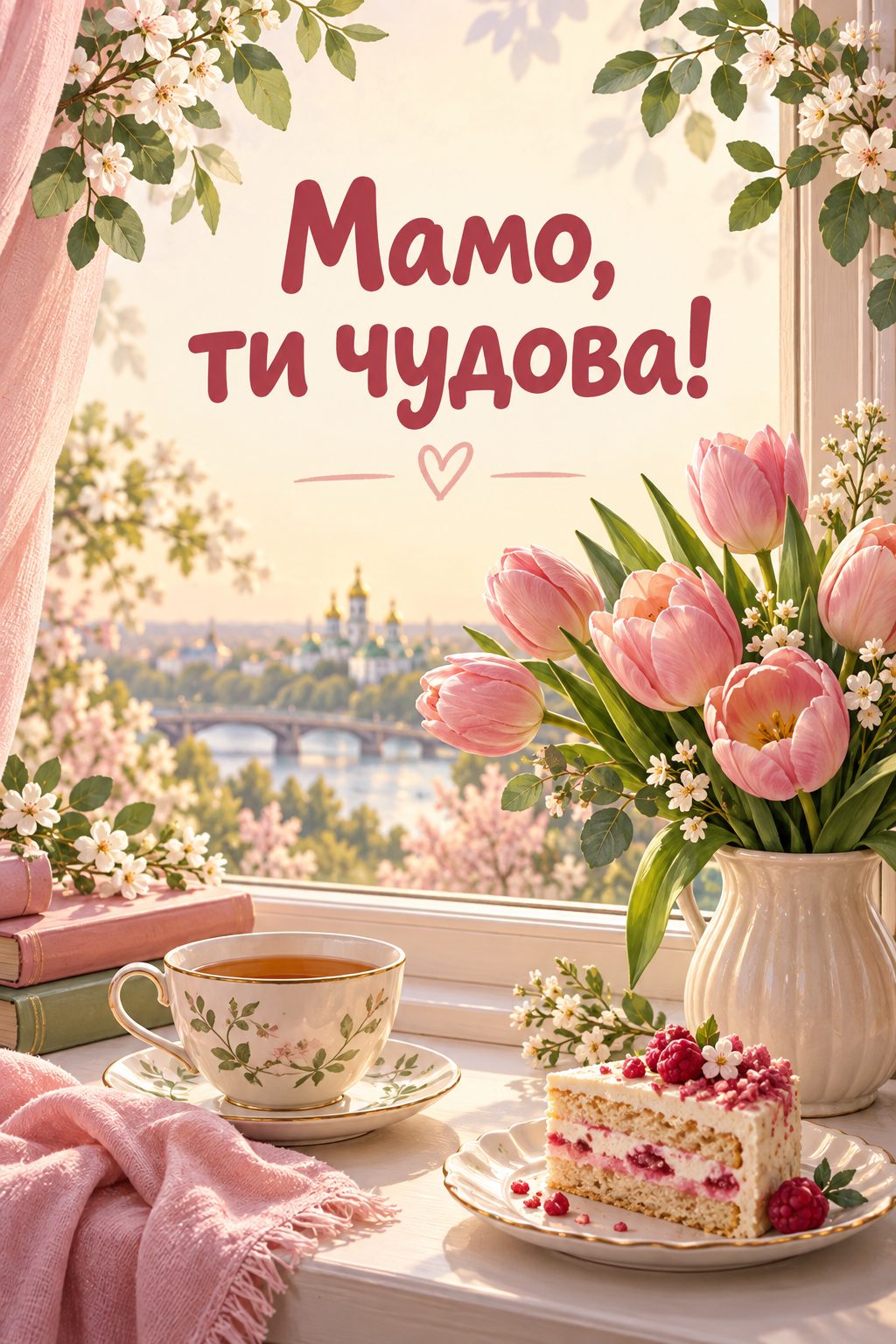Листівка мамі з днем народження донечки: чашка чаю, шматок торта й тюльпани на підвіконні, напис «Мамо, ти чудова!»