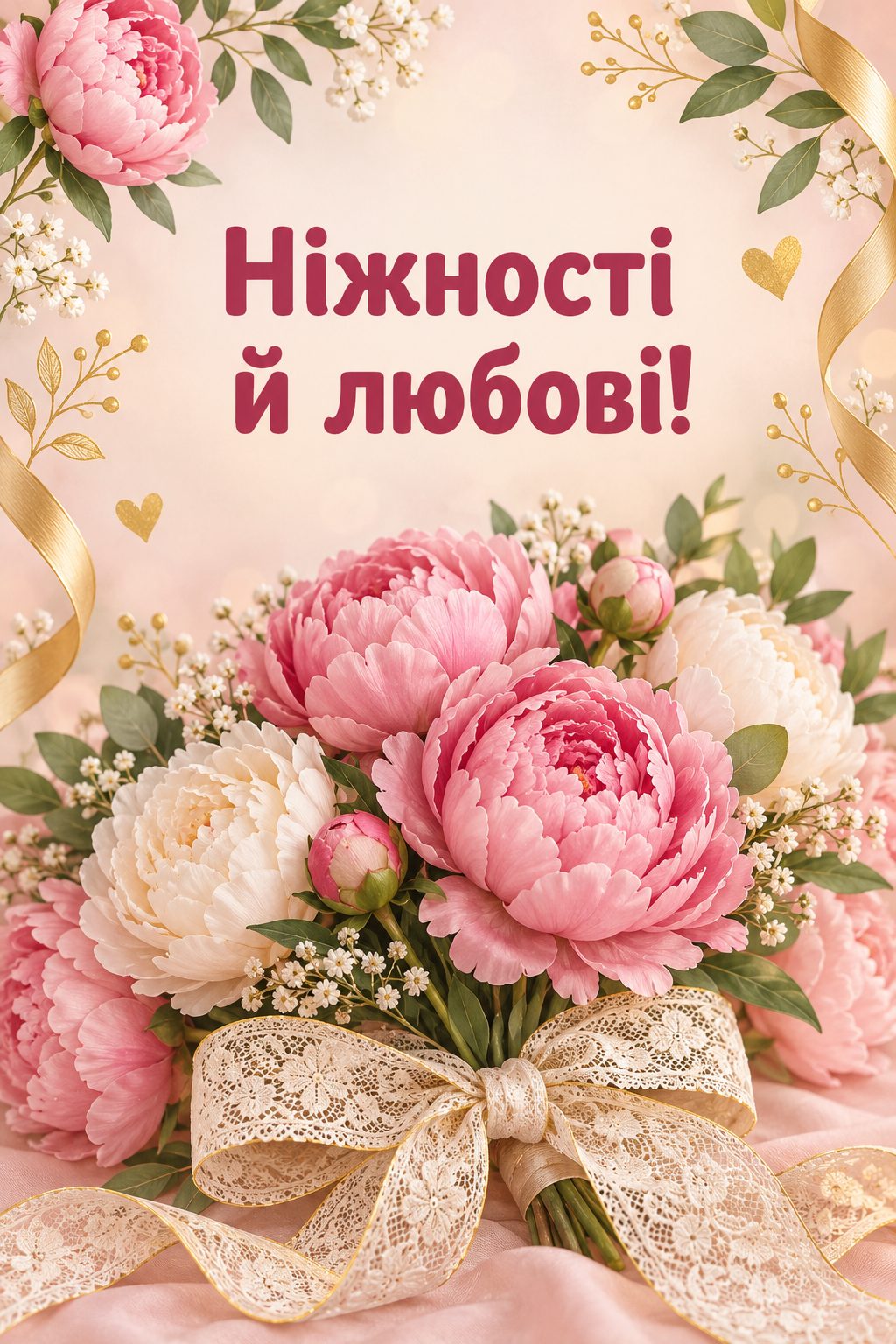 Листівка мамі з днем народження донечки: букет півоній і мереживна стрічка, напис «Ніжності й любові!»