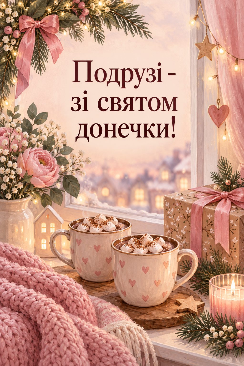 Листівка мамі з днем народження донечки: дві чашки какао з маршмелоу й подарунок на підвіконні, за вікном зимове місто, напис «Подрузі - зі святом донечки!»