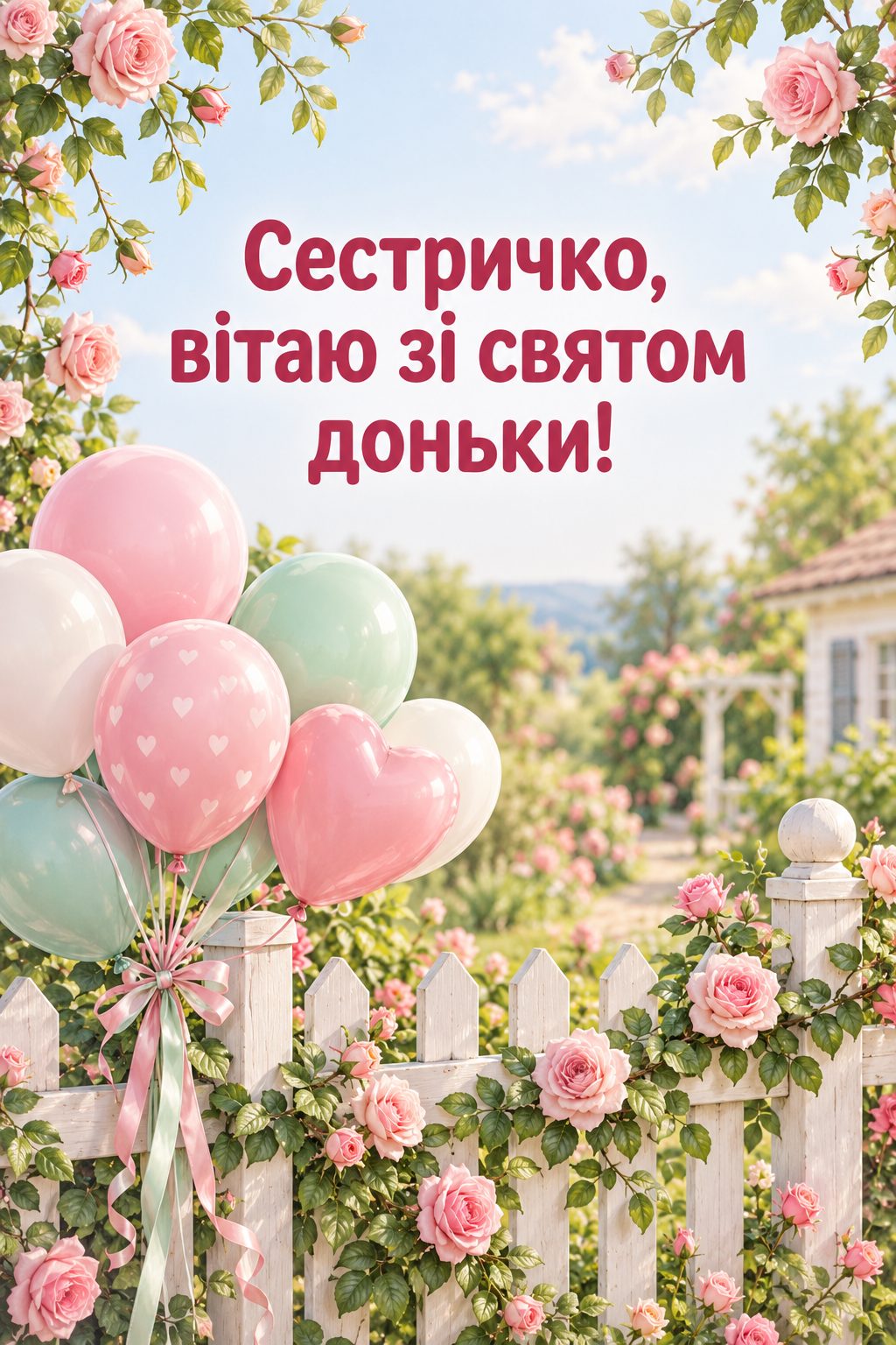 Листівка мамі з днем народження донечки: пастельні кульки на садовому паркані з трояндами, напис «Сестричко, вітаю зі святом доньки!»