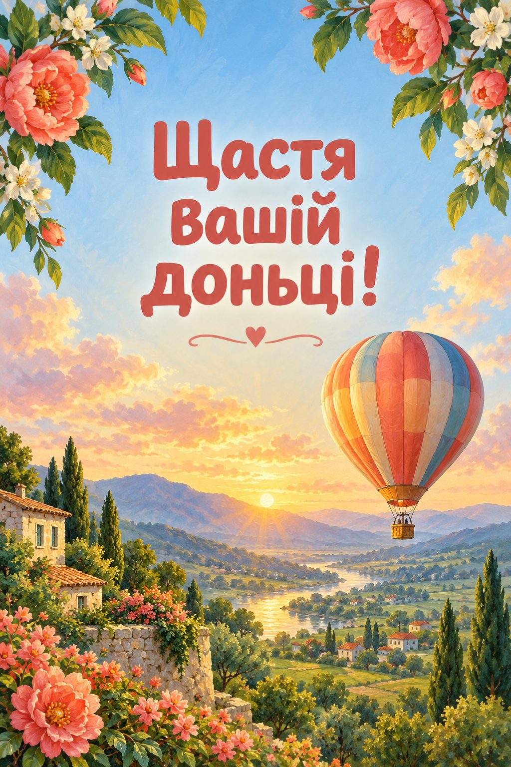 Листівка мамі з днем народження донечки: повітряна куля над зеленою долиною на світанку, напис «Щастя вашій доньці!»