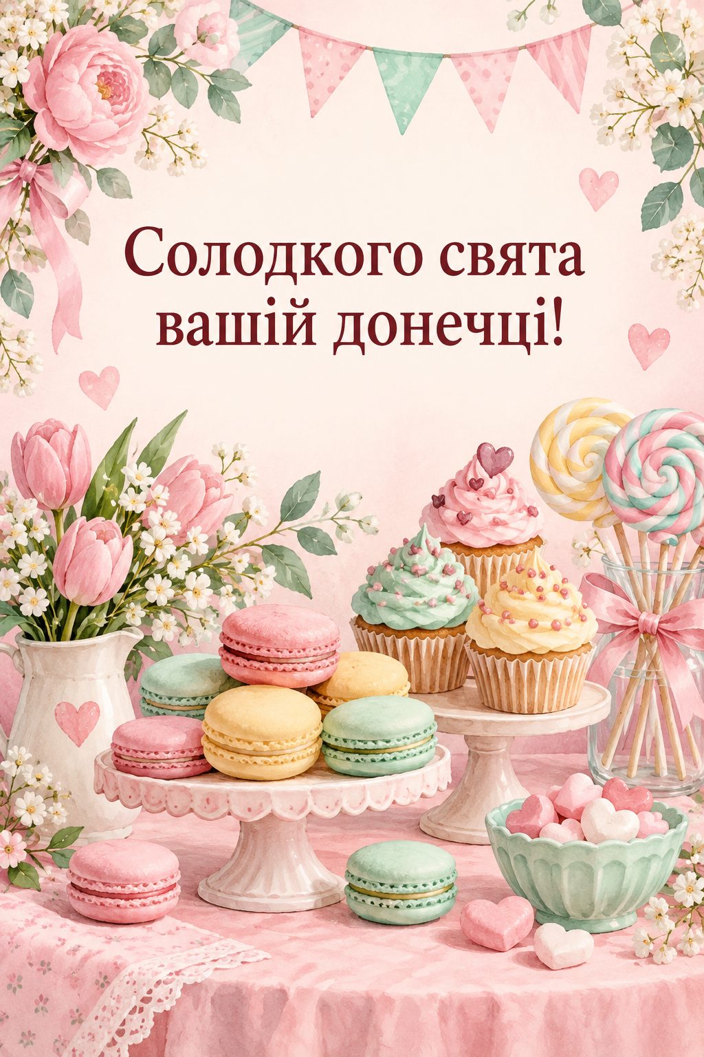 Листівка мамі з днем народження донечки: макаруни, капкейки й льодяники на пастельному столі, напис «Солодкого свята вашій донечці!»