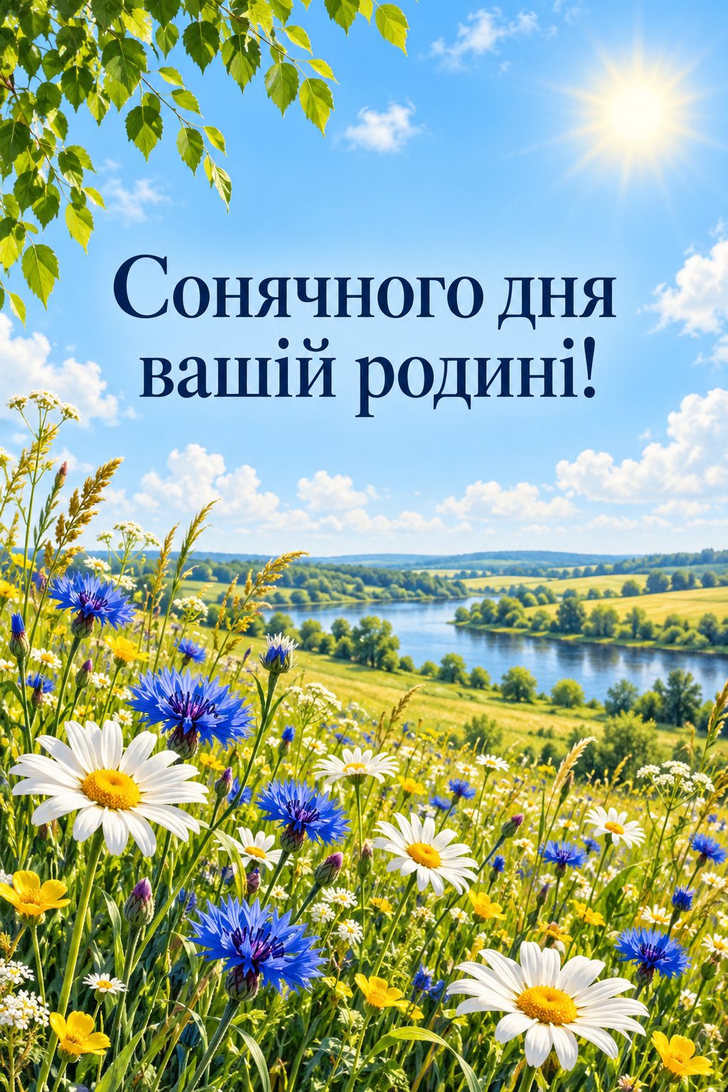 Листівка мамі з днем народження донечки: луг із ромашками й волошками під літнім небом, напис «Сонячного дня вашій родині!»