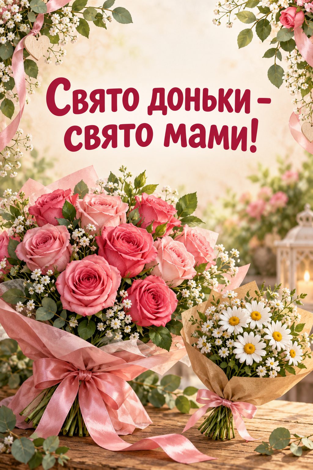 Листівка мамі з днем народження донечки: великий букет троянд і маленький букет ромашок поруч, напис «Свято доньки - свято мами!»