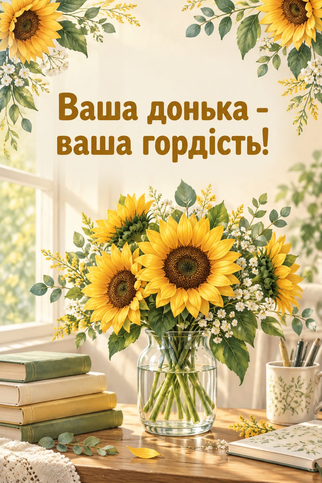 Листівка мамі з днем народження донечки: соняшники у вазі на столі з книжками, напис «Ваша донька - ваша гордість!»
