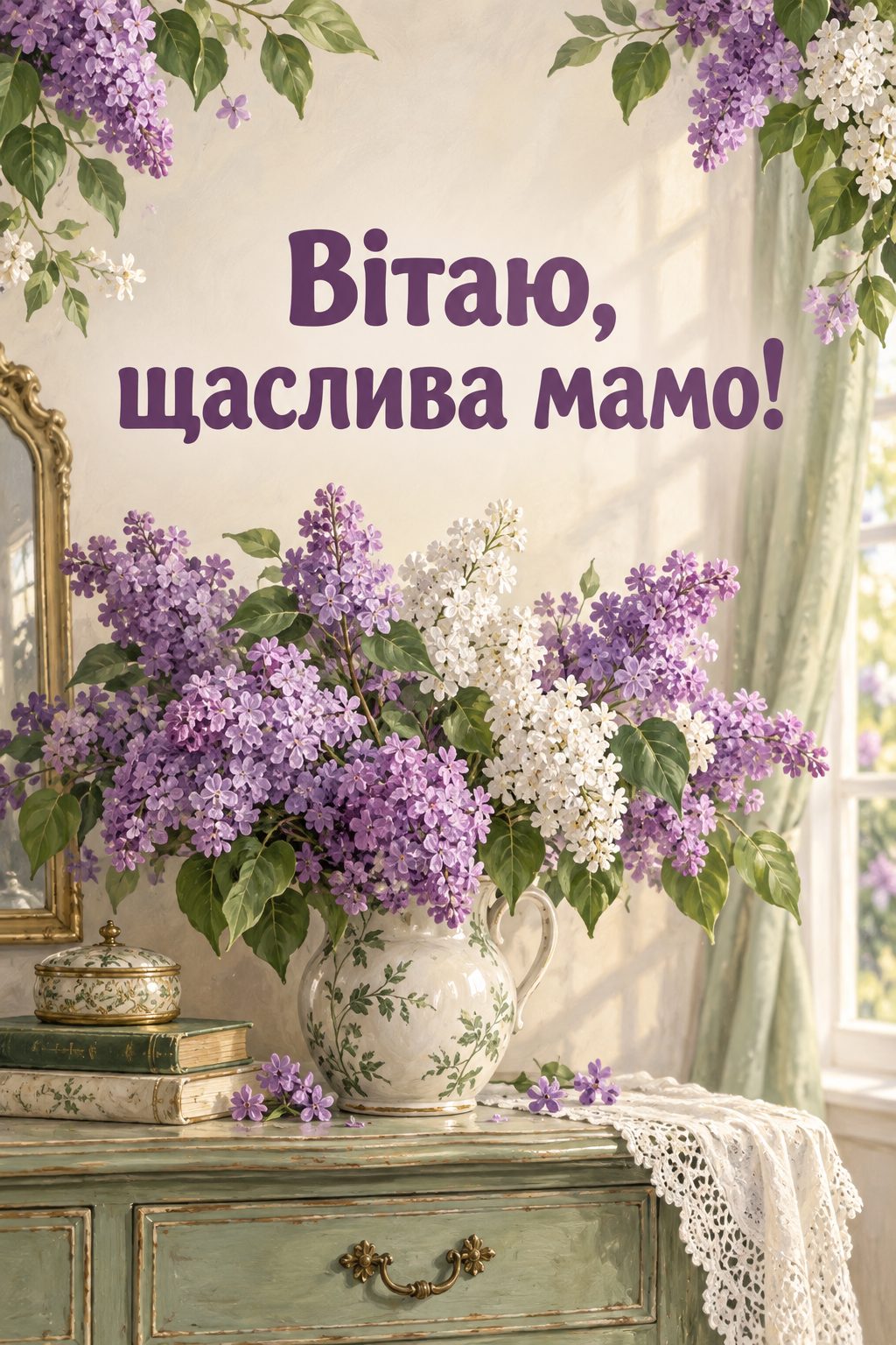 Листівка мамі з днем народження донечки: гілки бузку у вазі на старовинному комоді, напис «Вітаю, щаслива мамо!»