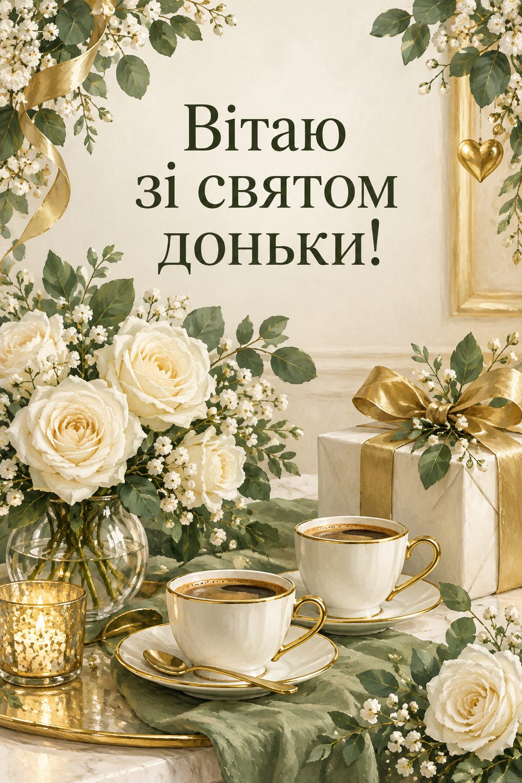 Листівка мамі з днем народження донечки: святковий стіл з білими трояндами, двома чашками кави й подарунком, напис «Вітаю зі святом доньки!»