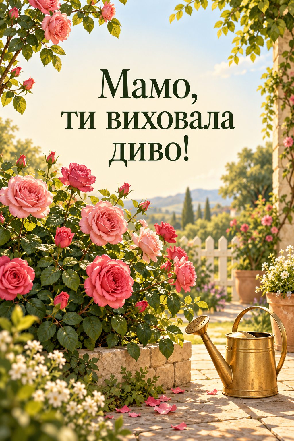 Листівка мамі з днем народження донечки: квітучий кущ троянд у сонячному саду й лійка, напис «Мамо, ти виховала диво!»