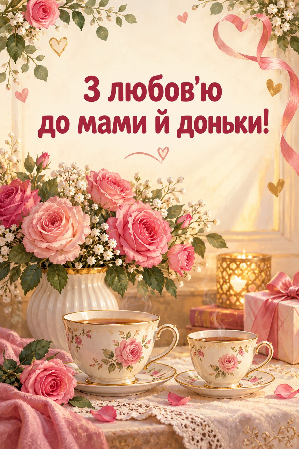 Листівка мамі з днем народження донечки: велика й маленька чашки поруч і ваза з трояндами, напис «З любов'ю до мами й доньки!»