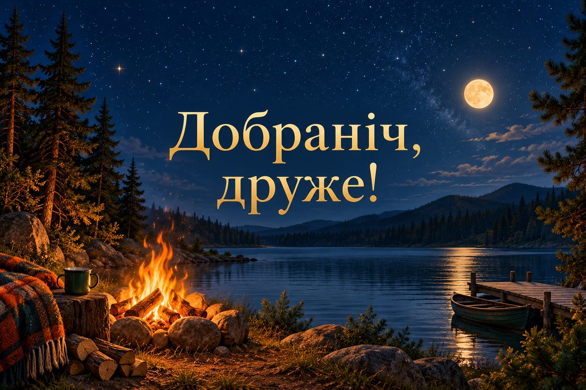 Листівка на добраніч: багаття біля лісового озера, напис «Добраніч, друже!»