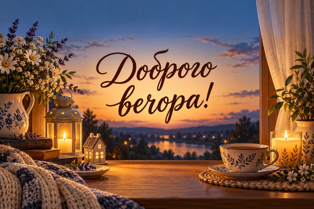 Листівка на добраніч: чай і свічка біля вікна ввечері, напис «Доброго вечора!»