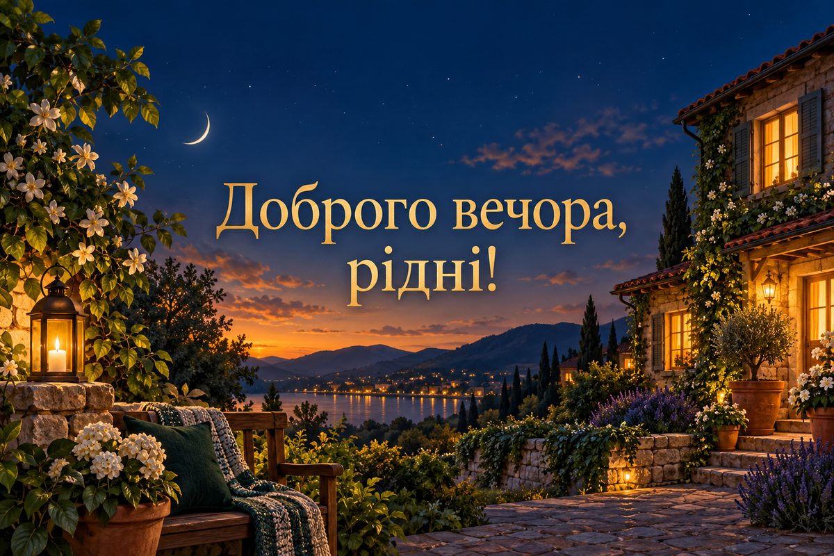 Листівка на добраніч: дім із теплим світлом у вікнах, напис «Доброго вечора, рідні!»