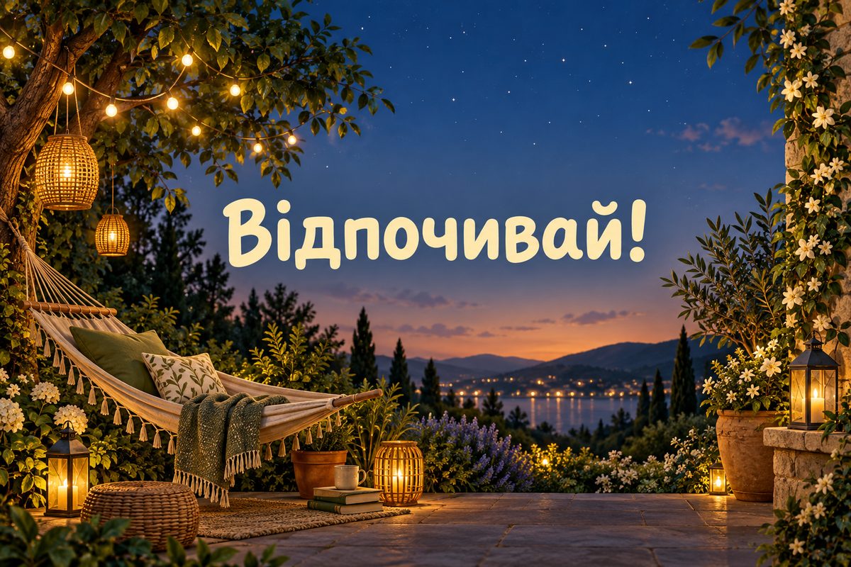 Листівка на добраніч: гамак у вечірньому саду, напис «Відпочивай!»