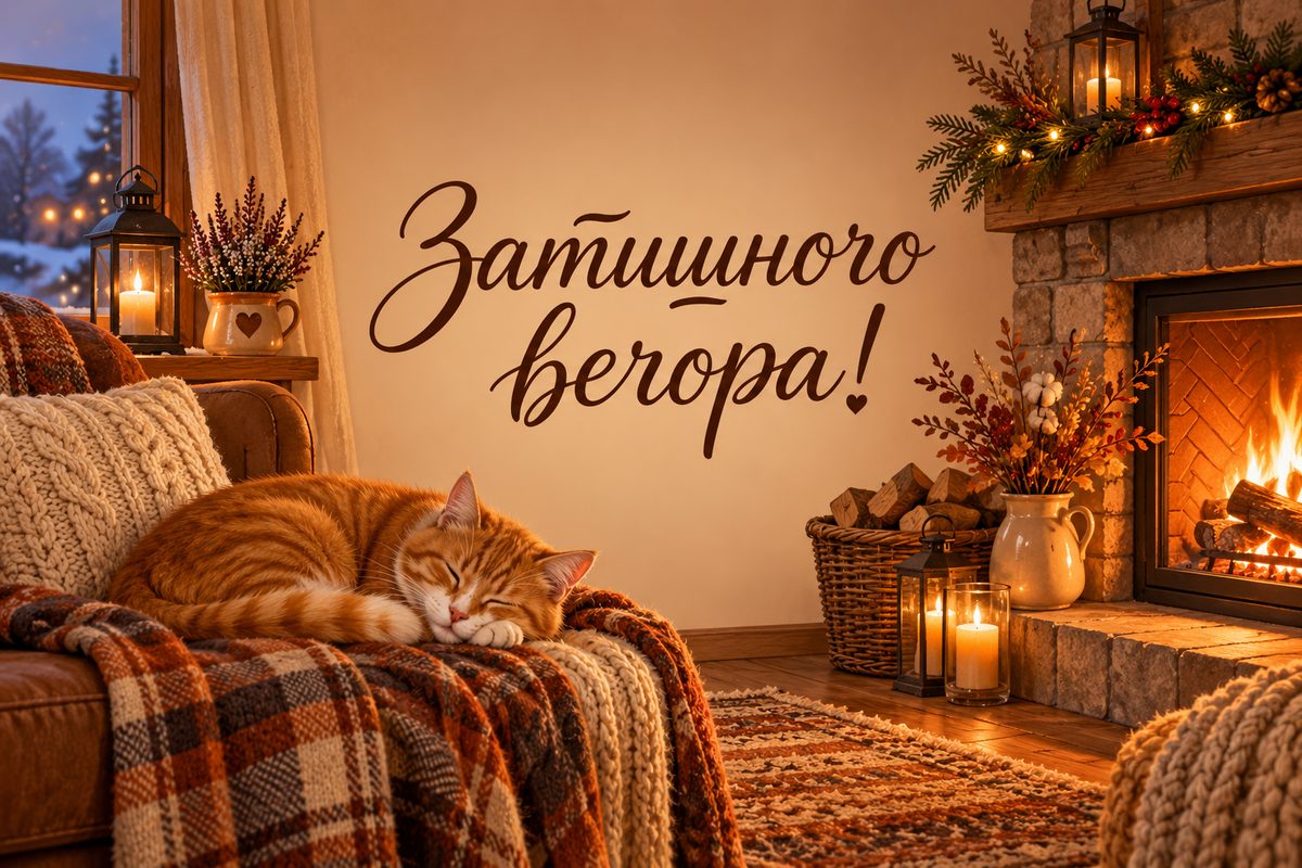 Листівка на добраніч: кіт спить біля каміна, напис «Затишного вечора!»