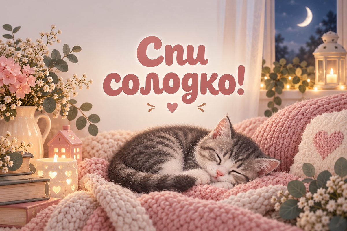 Листівка на добраніч: кошеня спить на пледі, напис «Спи солодко!»