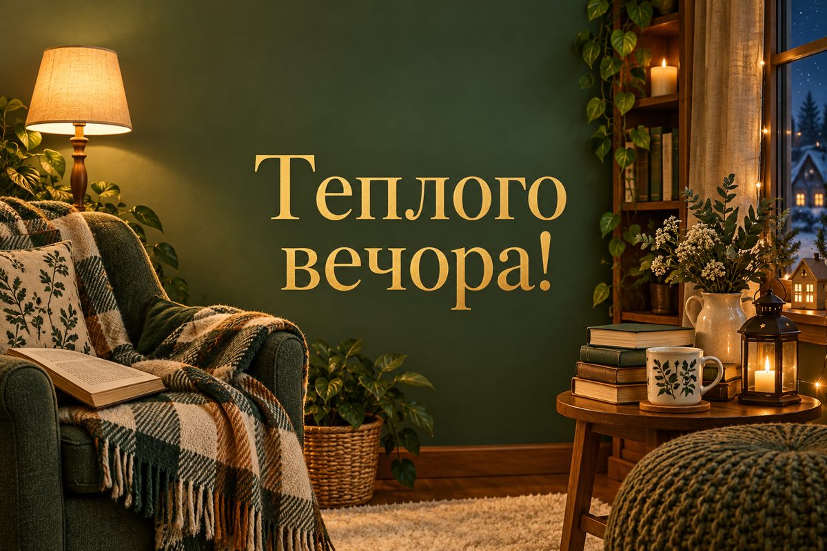 Листівка на добраніч: затишний куточок із лампою й книжками, напис «Теплого вечора!»