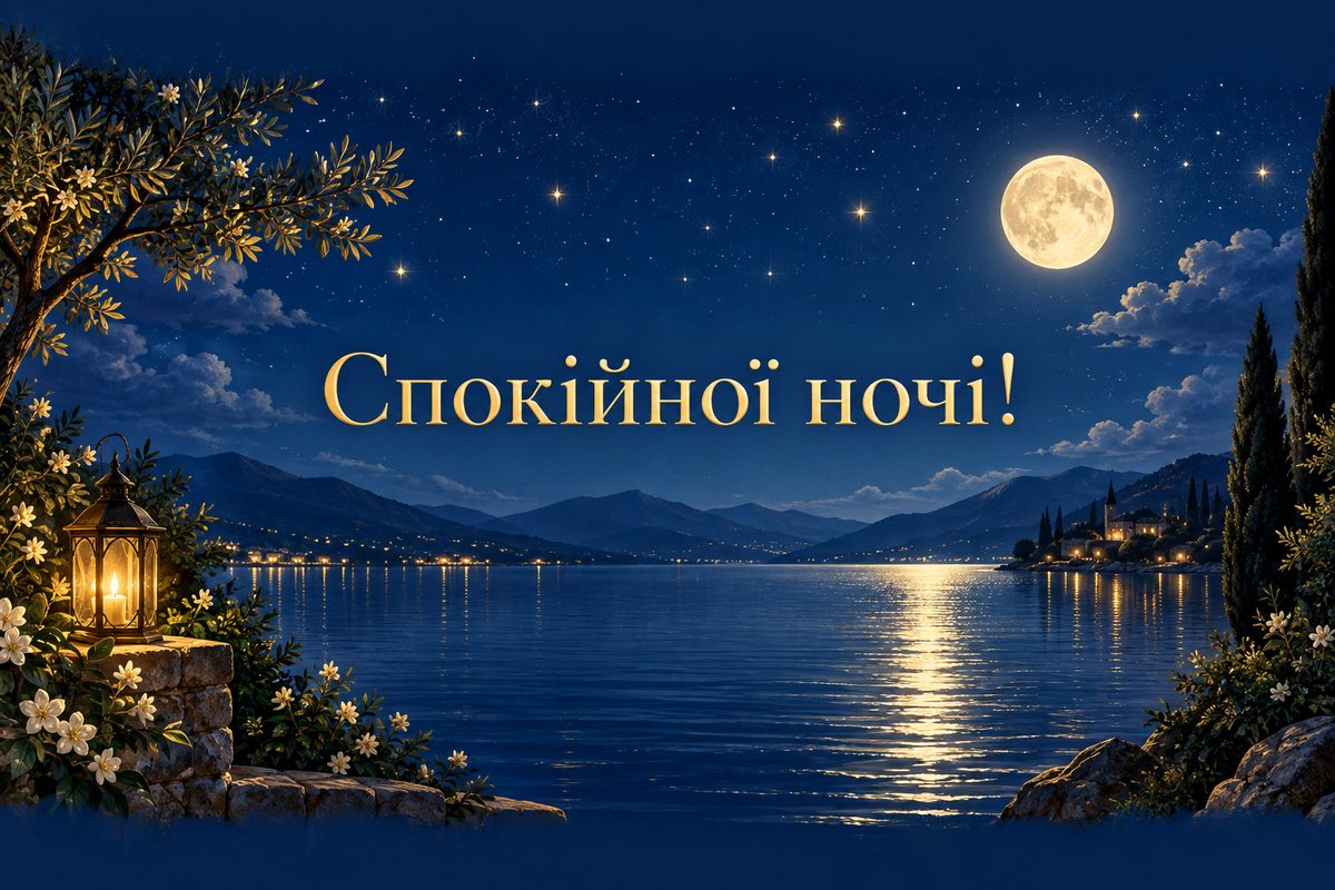 Листівка на добраніч: повний місяць над озером, напис «Спокійної ночі!»