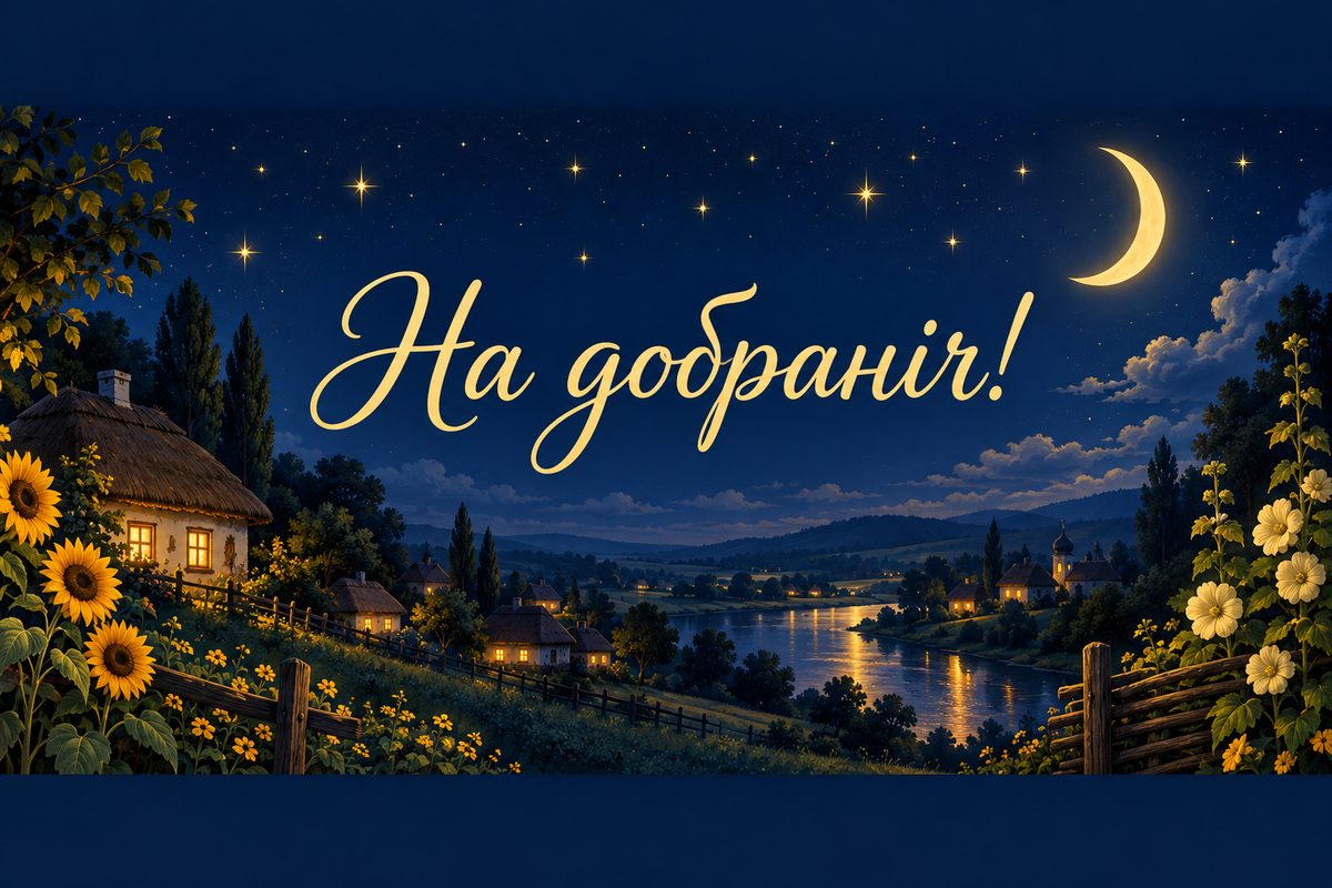 Листівка на добраніч: місяць і зорі над селом, напис «На добраніч!»