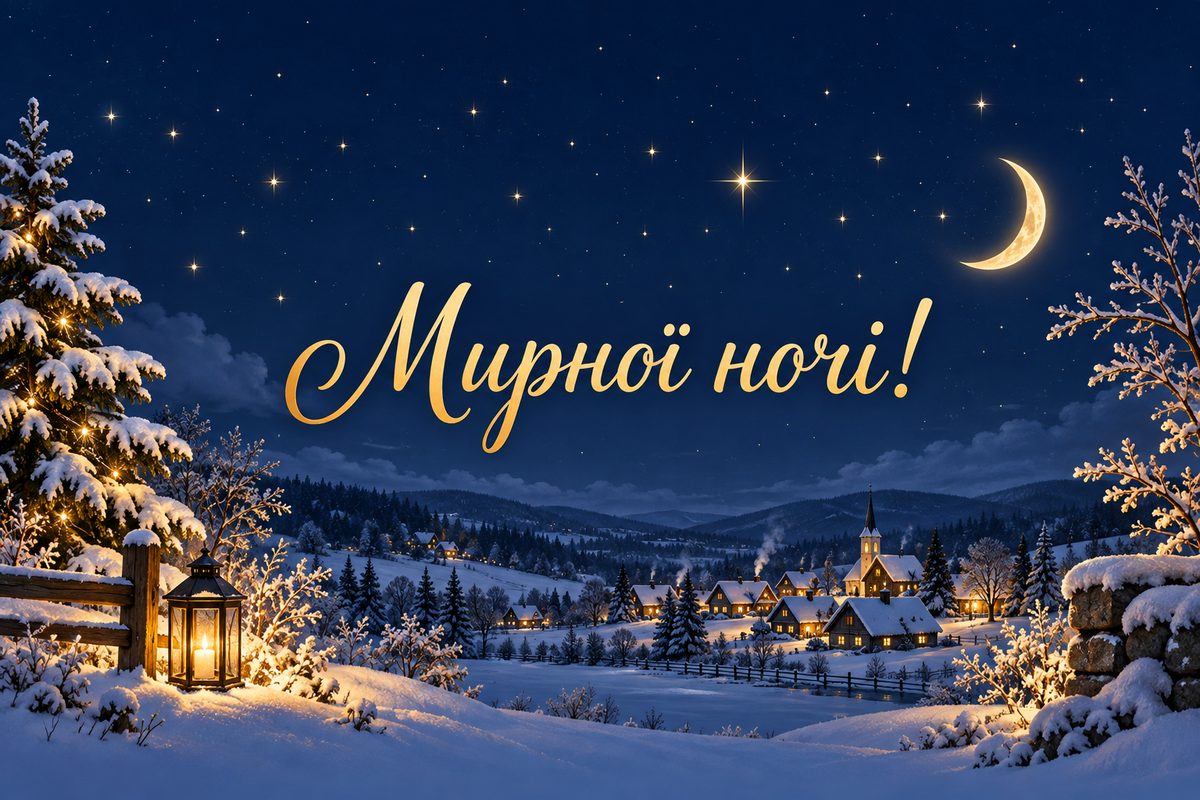 Листівка на добраніч: мирне село під зоряним небом, напис «Мирної ночі!»