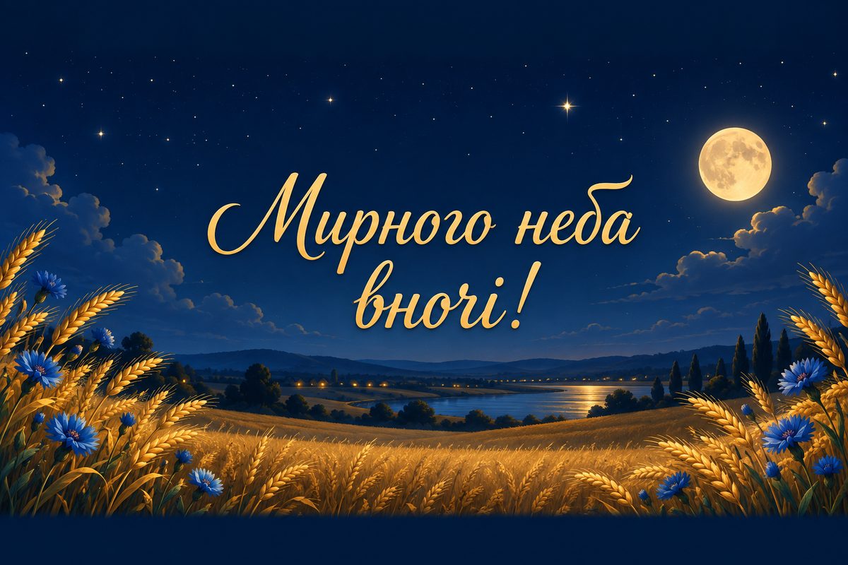 Листівка на добраніч: нічне небо над пшеничним полем, напис «Мирного неба вночі!»