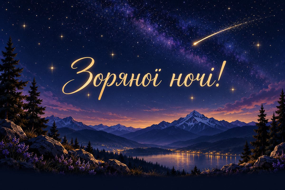 Листівка на добраніч: падаюча зірка над горами, напис «Зоряної ночі!»
