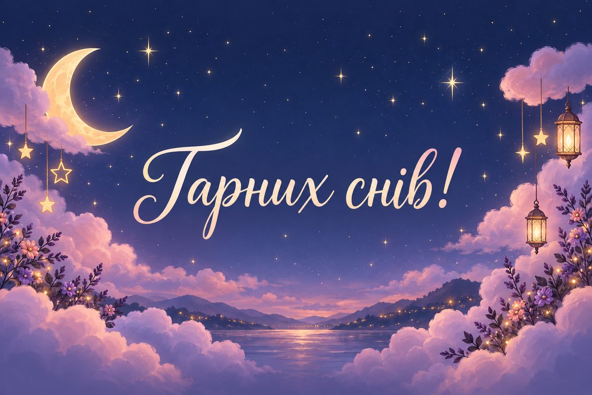 Листівка на добраніч: пастельні хмари й зірки, напис «Гарних снів!»