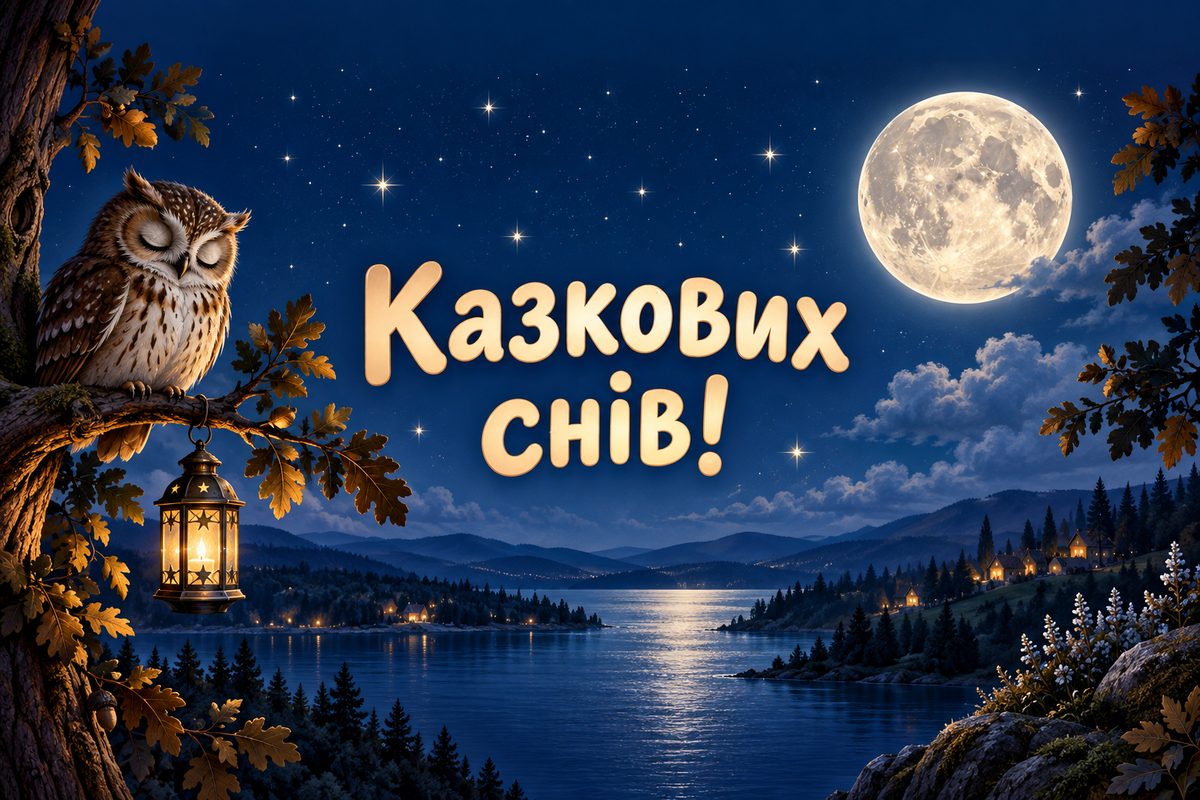Листівка на добраніч: сова на гілці під місяцем, напис «Казкових снів!»