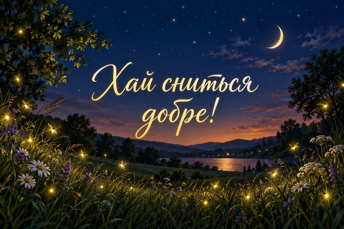 Листівка на добраніч: світлячки над лугом, напис «Хай сниться добре!»