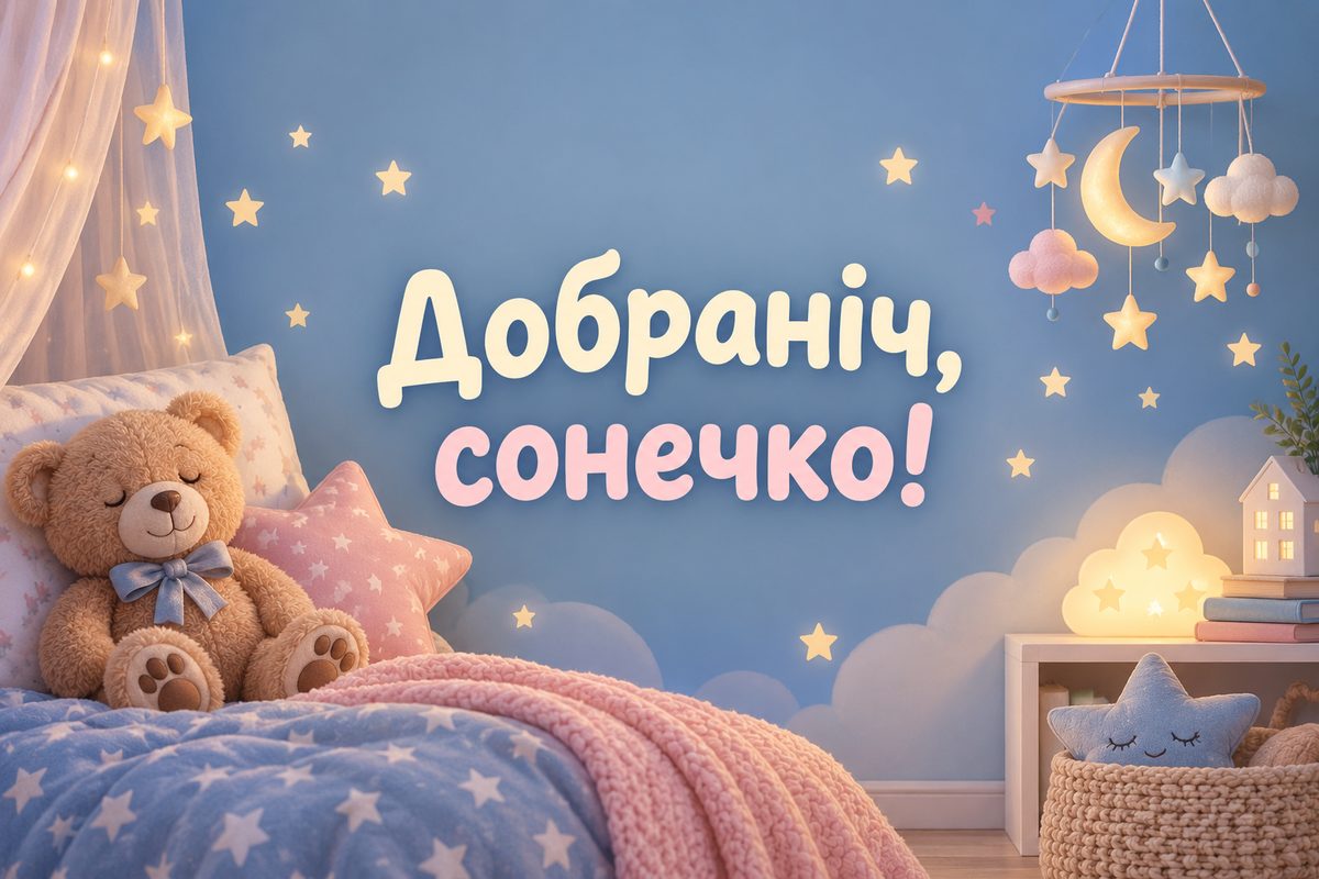 Листівка на добраніч: ведмедик і зірки в дитячій, напис «Добраніч, сонечко!»
