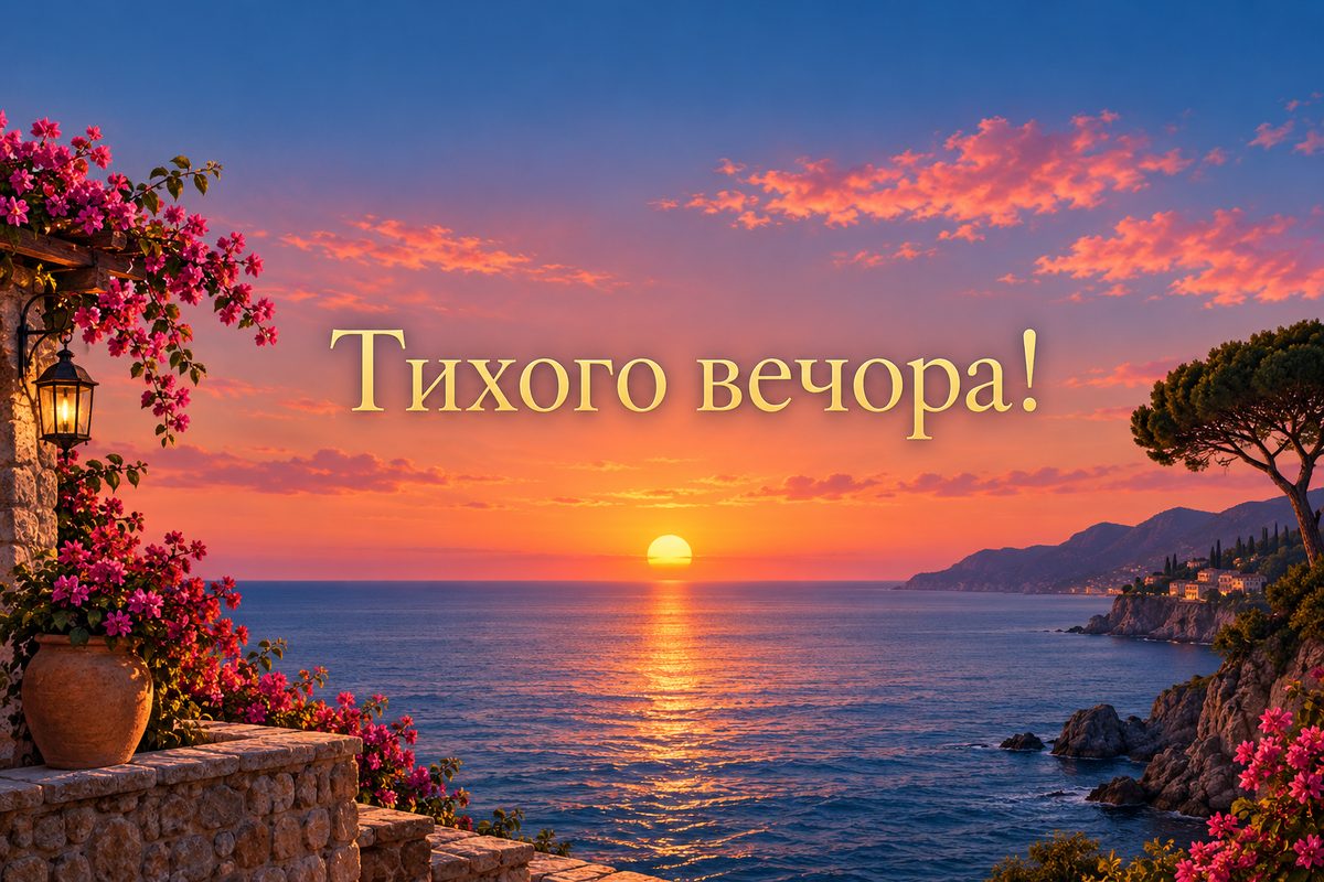 Листівка на добраніч: захід сонця над морем, напис «Тихого вечора!»