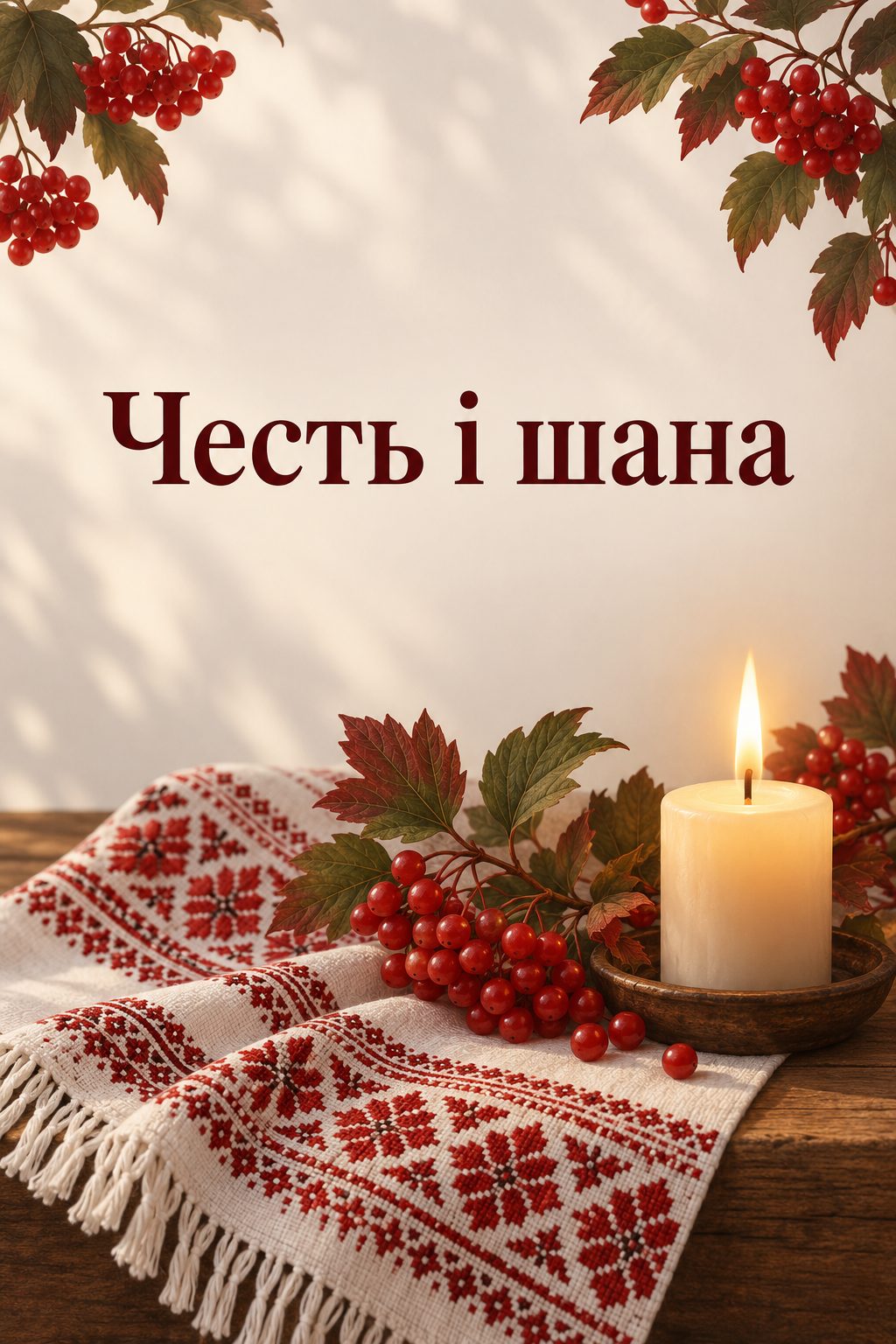 Листівка вічна пам'ять: вишитий рушник зі свічкою й калиною, напис «Честь і шана»