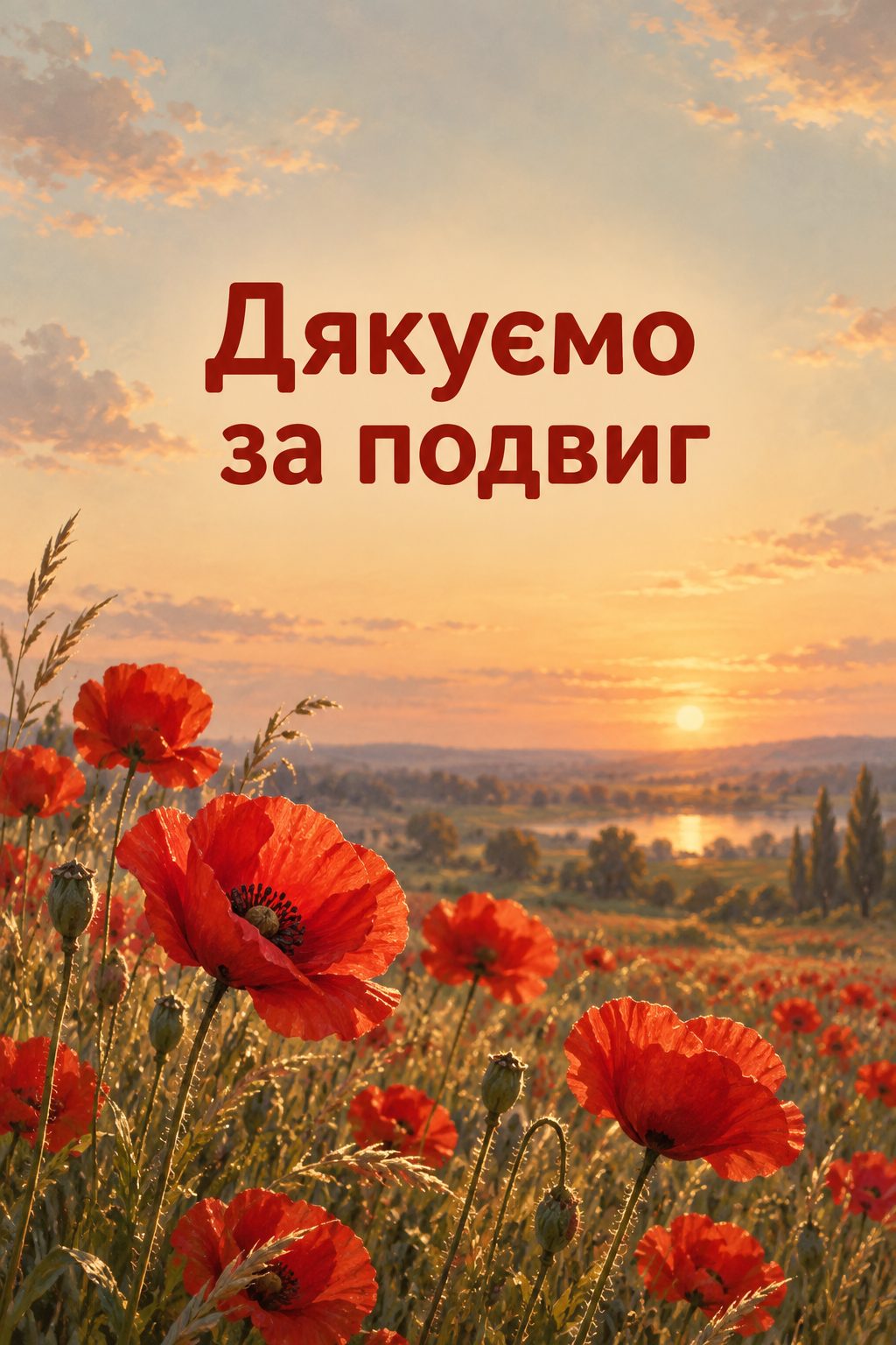 Листівка вічна пам'ять: червоні маки в полі у вечірньому світлі, напис «Дякуємо за подвиг»